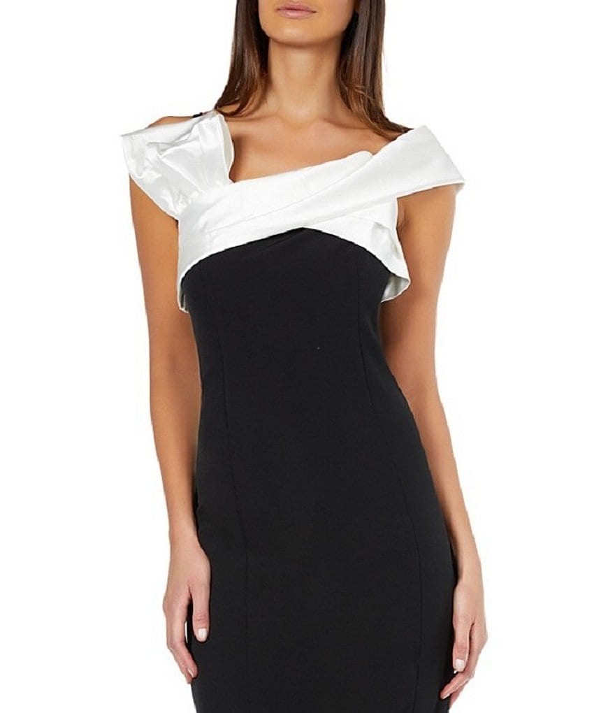 Marina Cap Sleeve Off-the-Shoulder Stretch Crepe Bow Gown