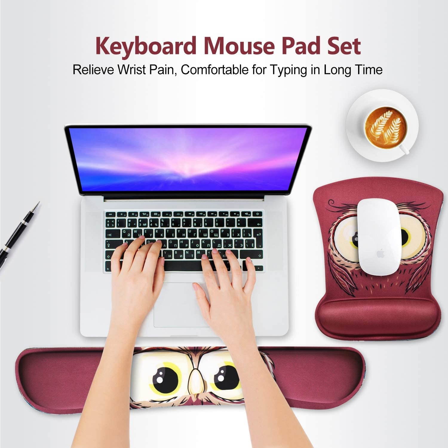 Keyboard Pad Wrist Rest Mouse Pad, ToLuLu Gel Ergonomic Mouse Pads Wrist Support for Computer Laptop Home Office, Mousepad Keyboard Wrist Support with Memory Foam for Easy Typing Pain Relief, Cute Owl