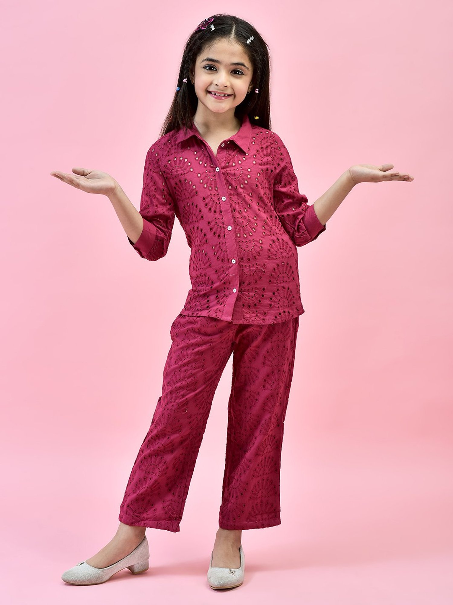 Juniper Girls Pink Self Design Shirt With Pants