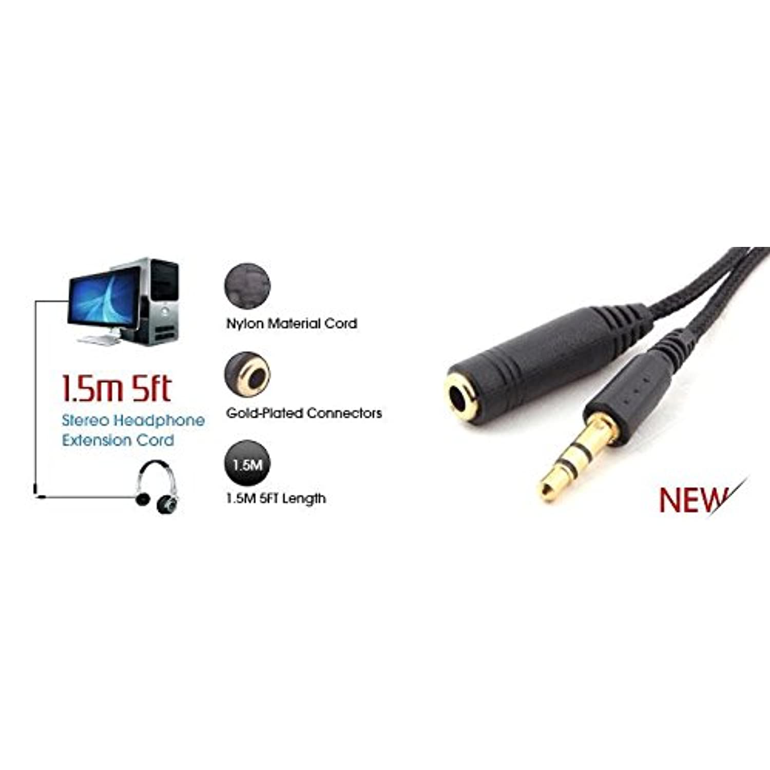 1.5m 5ft Stereo Headphone Extension Cord 3.5mm Male to 3.5mm Female Cable