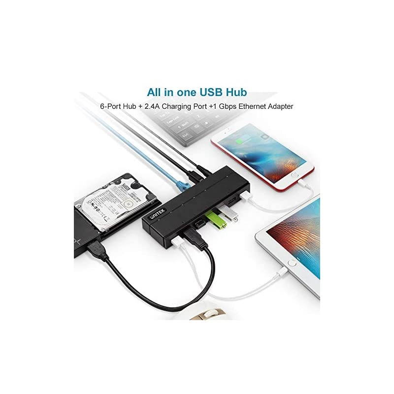 USB Ethernet Adapter 7Port Hub 6 Ports USB 30 Hub with Gigabit Ethernet Converter 24A Charging Port 36W Powered Data Hub Splitter Compatible MacBook iMac Surface Pro Laptop PC HDD