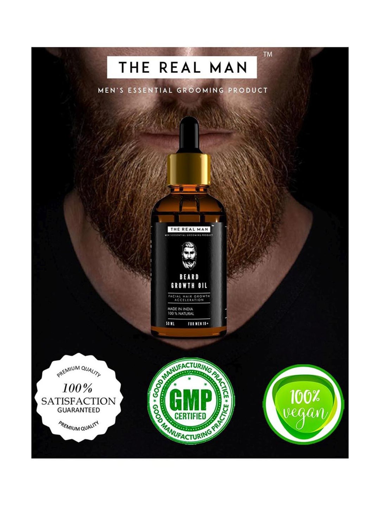 THE REAL MAN Beard Growth Oil 100 Percent Organic Beard & Moustache Hair Growth Oil - 50 ml