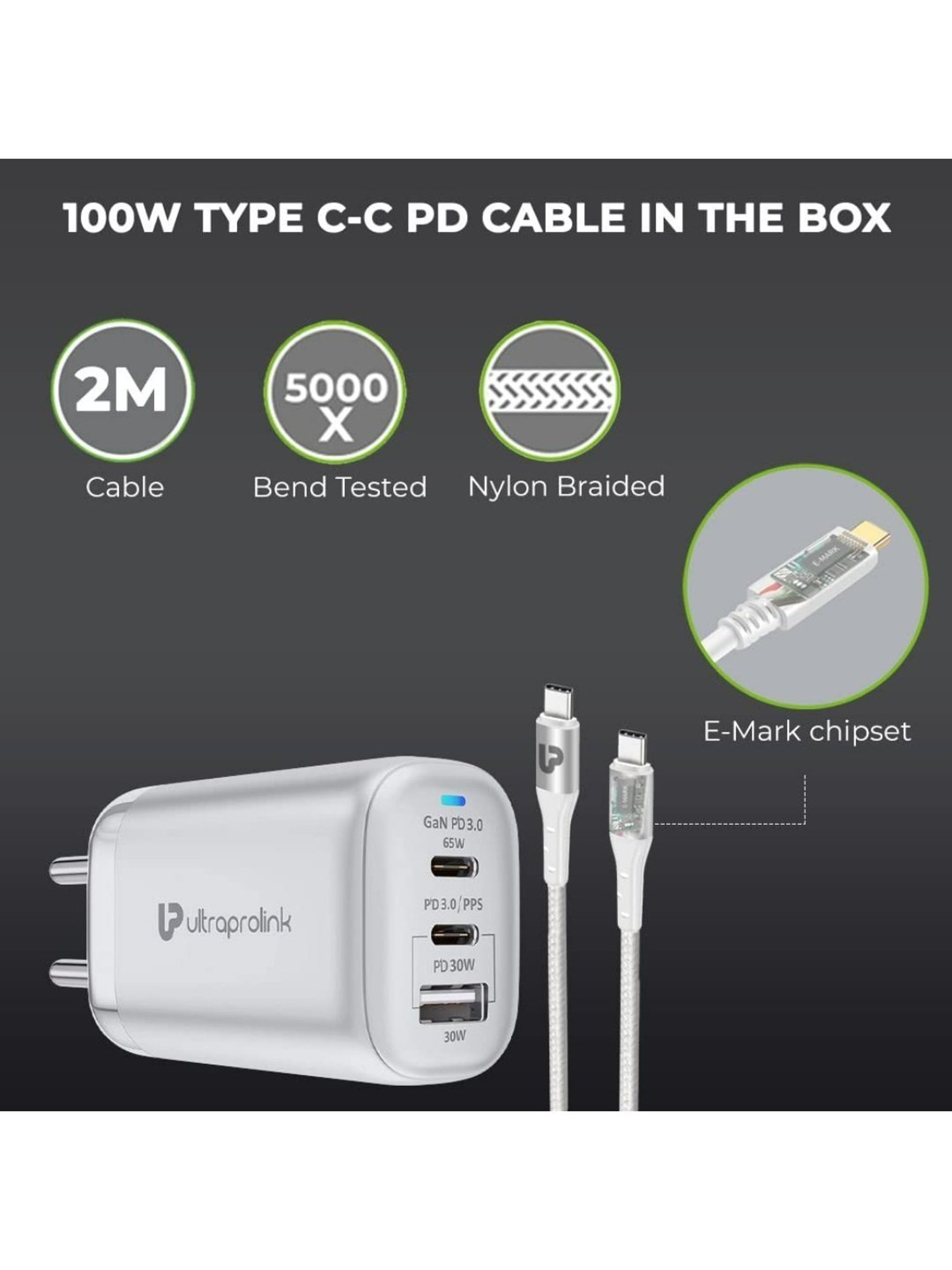 Ultraprolink UM1101W Boost PD 95W GaN Charger with 2m Cable (White)