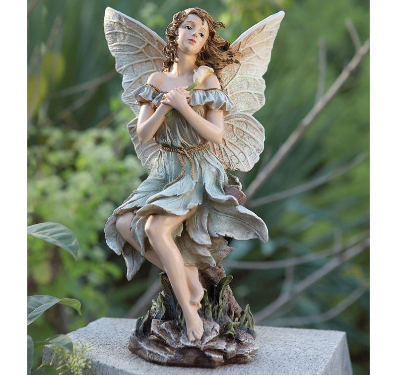 Napco 15" Fairy with Lily Flower Outdoor Patio Garden Statue - White