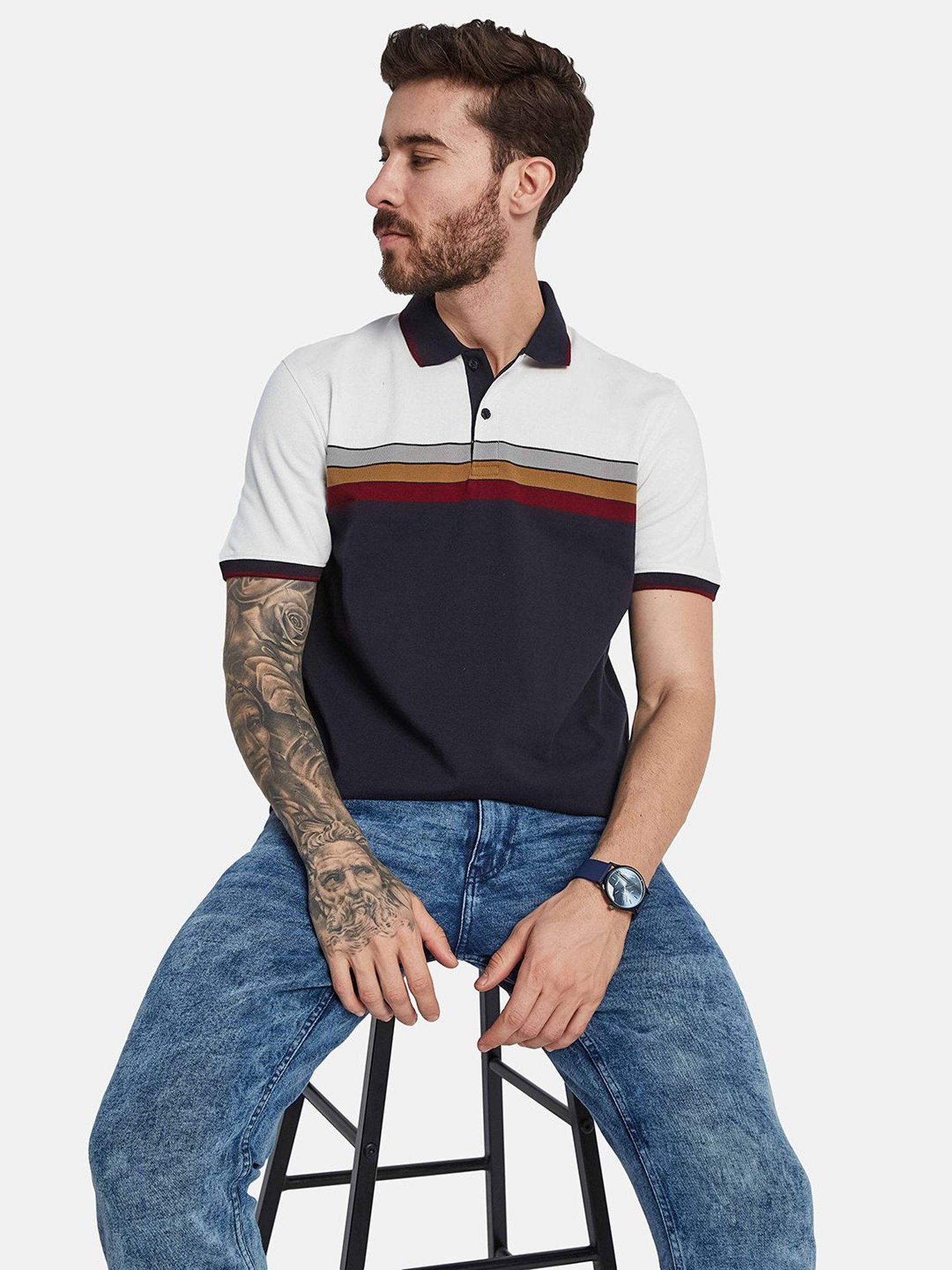 Octave Light Navy Cotton Regular Fit Colour Block Polo T-Shirt