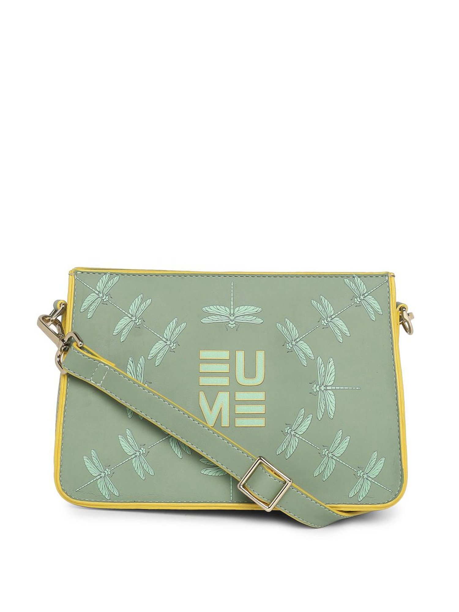 Eume Dragonfly Basil Green Leather Printed Double Sling Handbag with Pouch