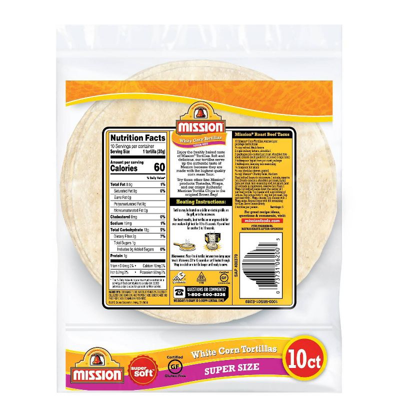 Mission Super Size Gluten Free Super Soft White Corn Tortillas - 10.84oz/10ct