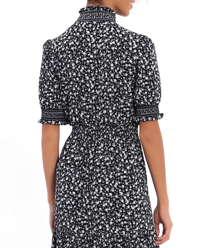 London Times Ruffle Neck Smocked Puff Sleeve Crepe Tiered Maxi Dress