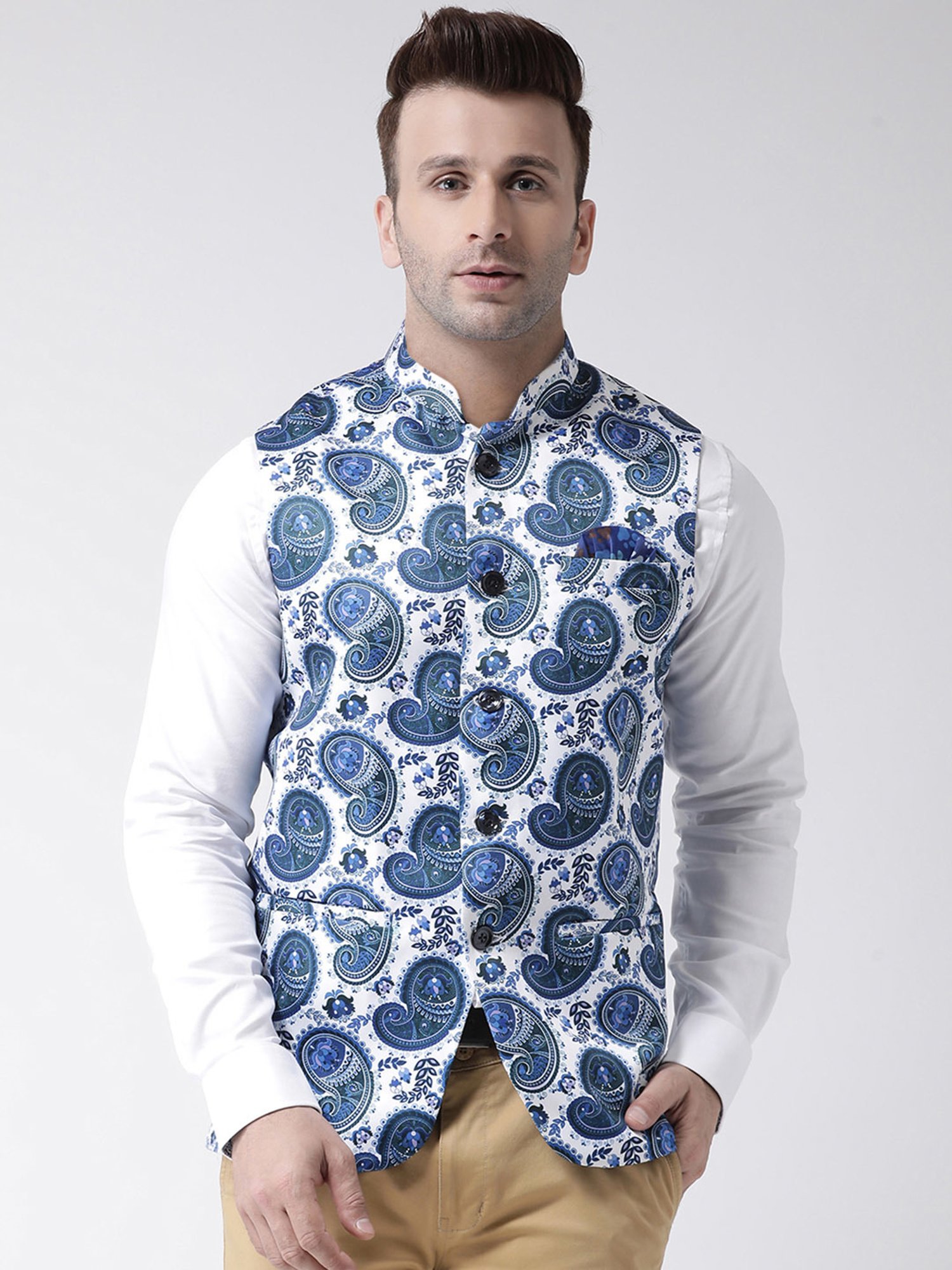 Hangup Plus White Regular Fit Printed Nehru Jacket