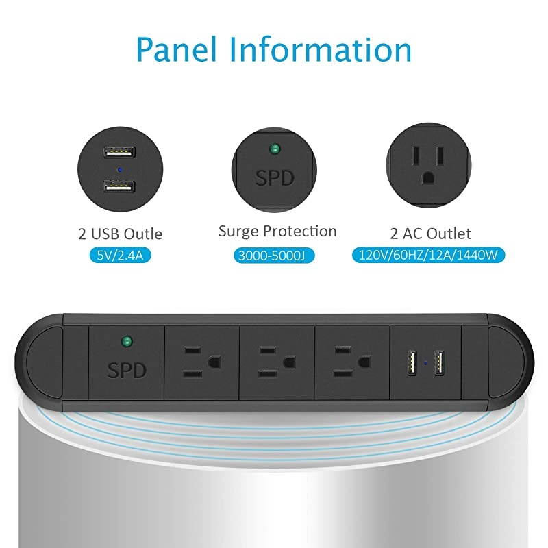Recessed Power Strip with USB Ports Furniture Desk Recessed Plug Outlet Metal Surge Protector Power Strip with 656FT Cord 120V 12A 1440W