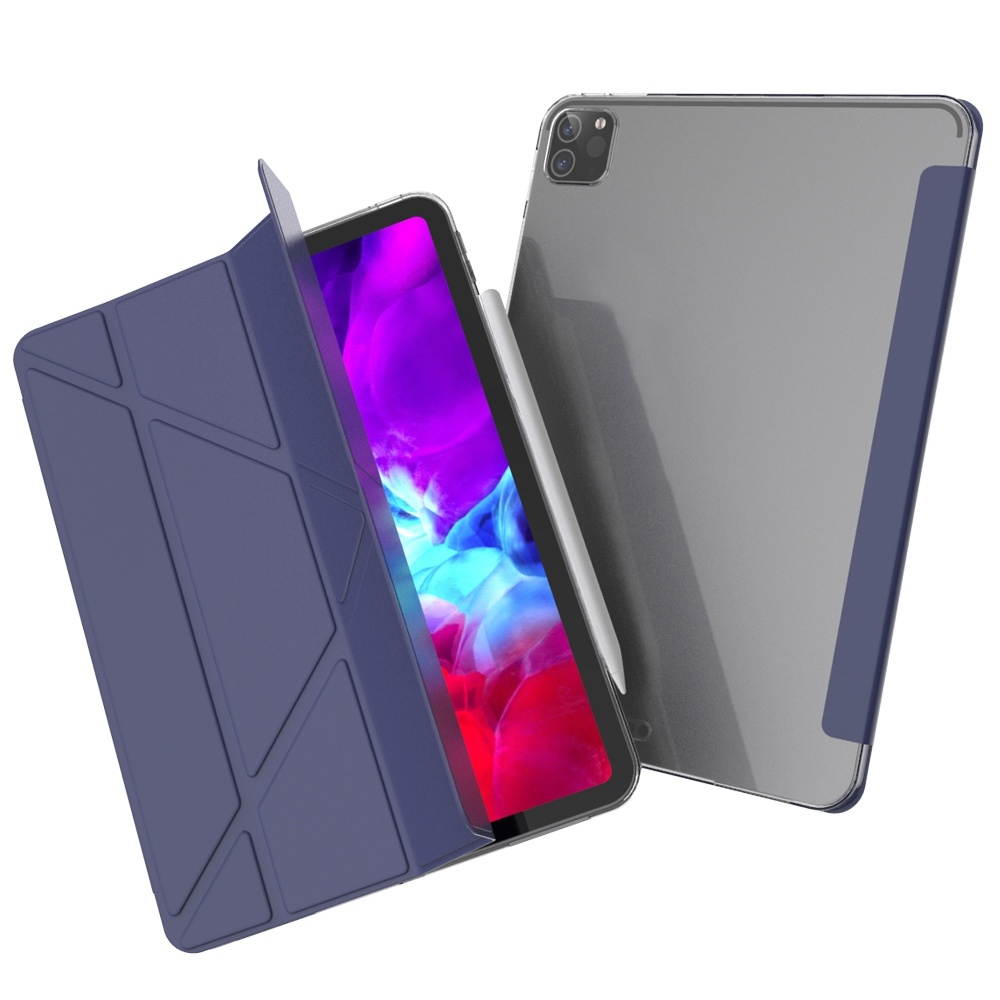 Tablet Protection Multifunctional Foldable Smart Cover for iPad Pro 2020 TPU Silicone Back Cover (Dark Blue)