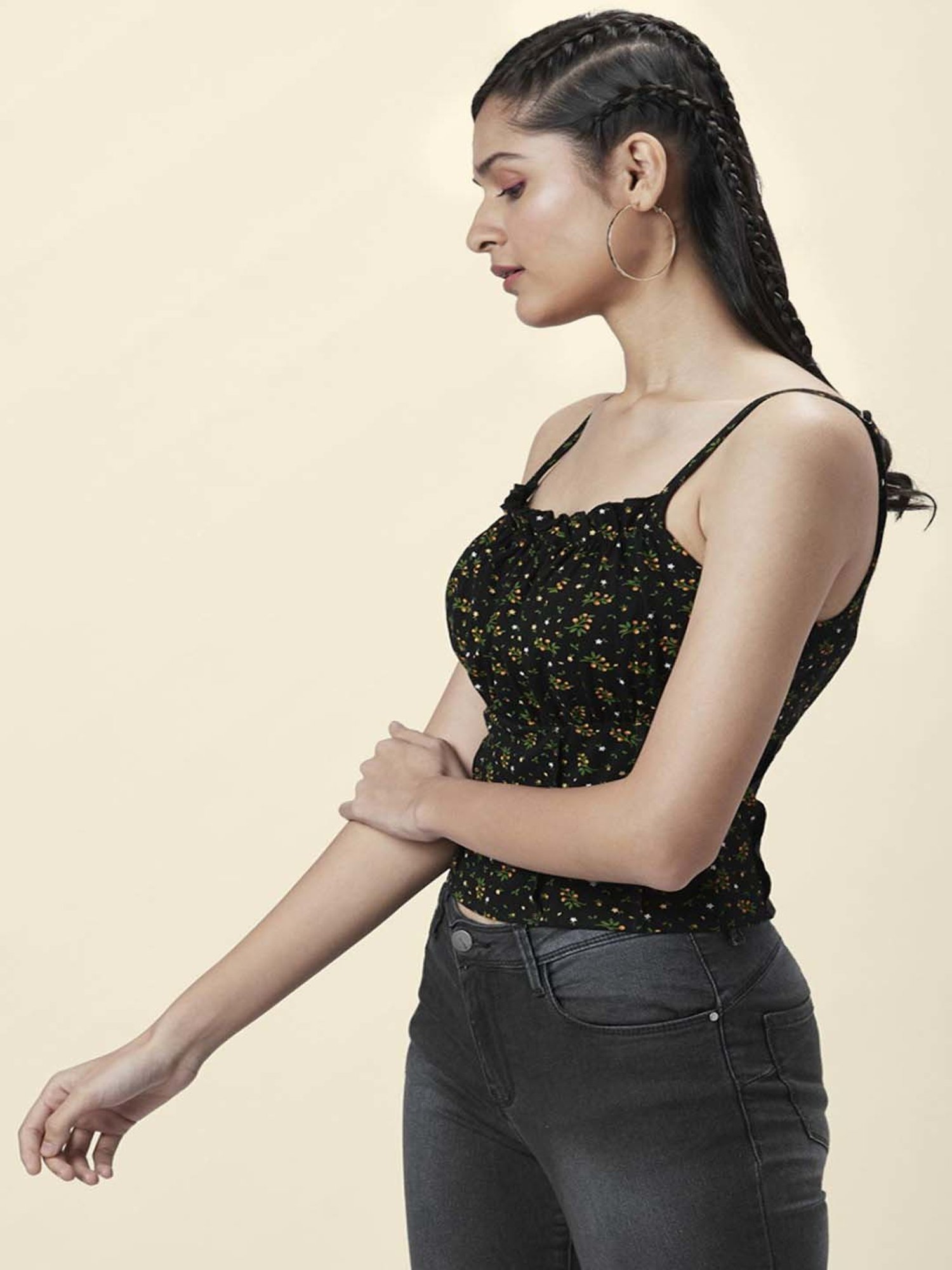 People by Pantaloons Black Cotton Floral Print Crop Top