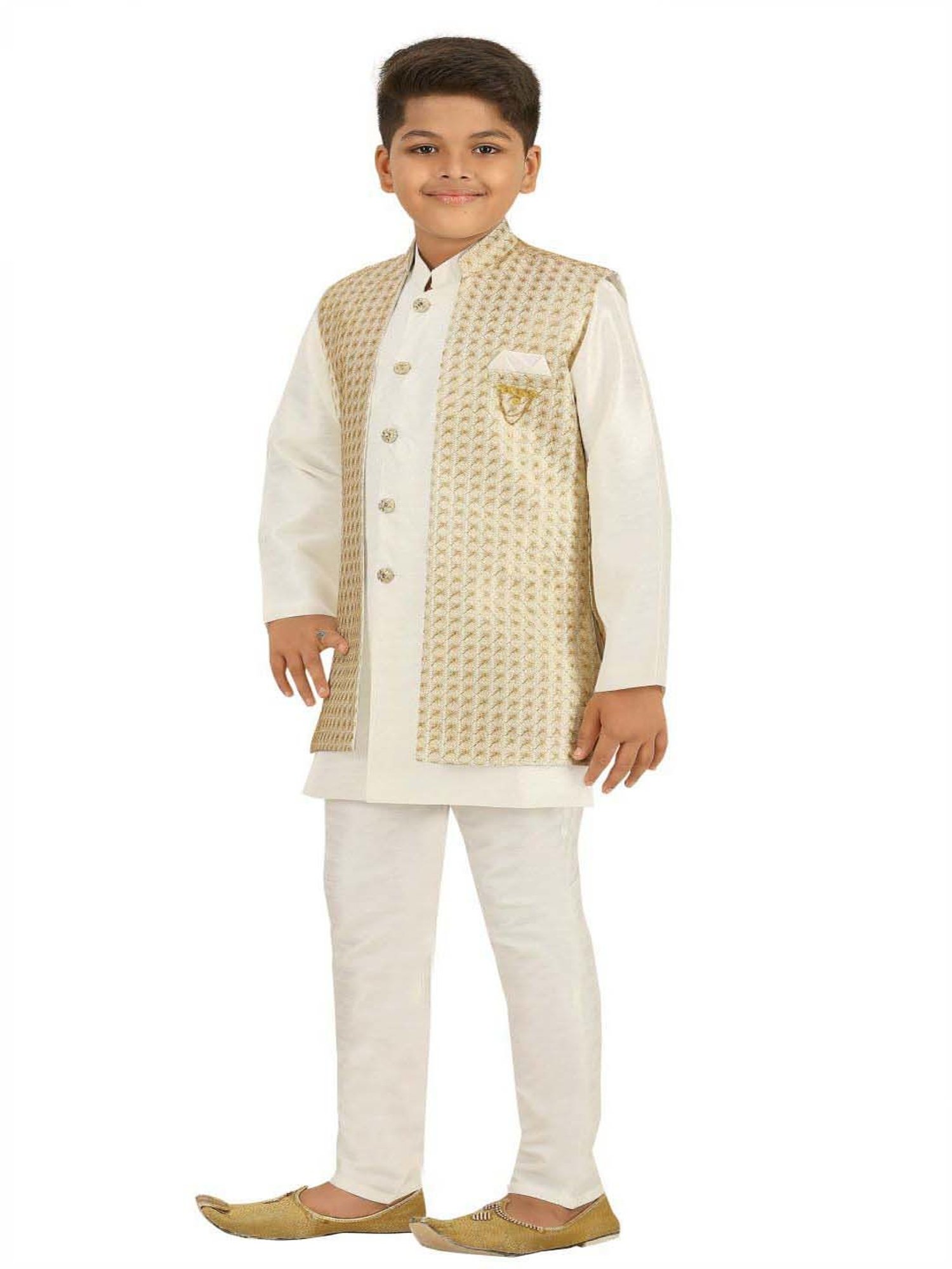 Ahhaaaa Kids Cream & White Embellished Full Sleeves Kurta Set
