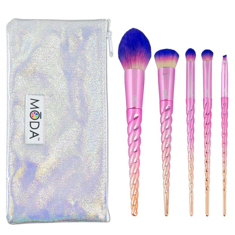 MODA Brush Mythical 6pc Star Travel Makeup Brush Set with Holographic Zip Case, Includes - Blush, Complexion, Domed Shadow, and Angle Eyeliner Brushes