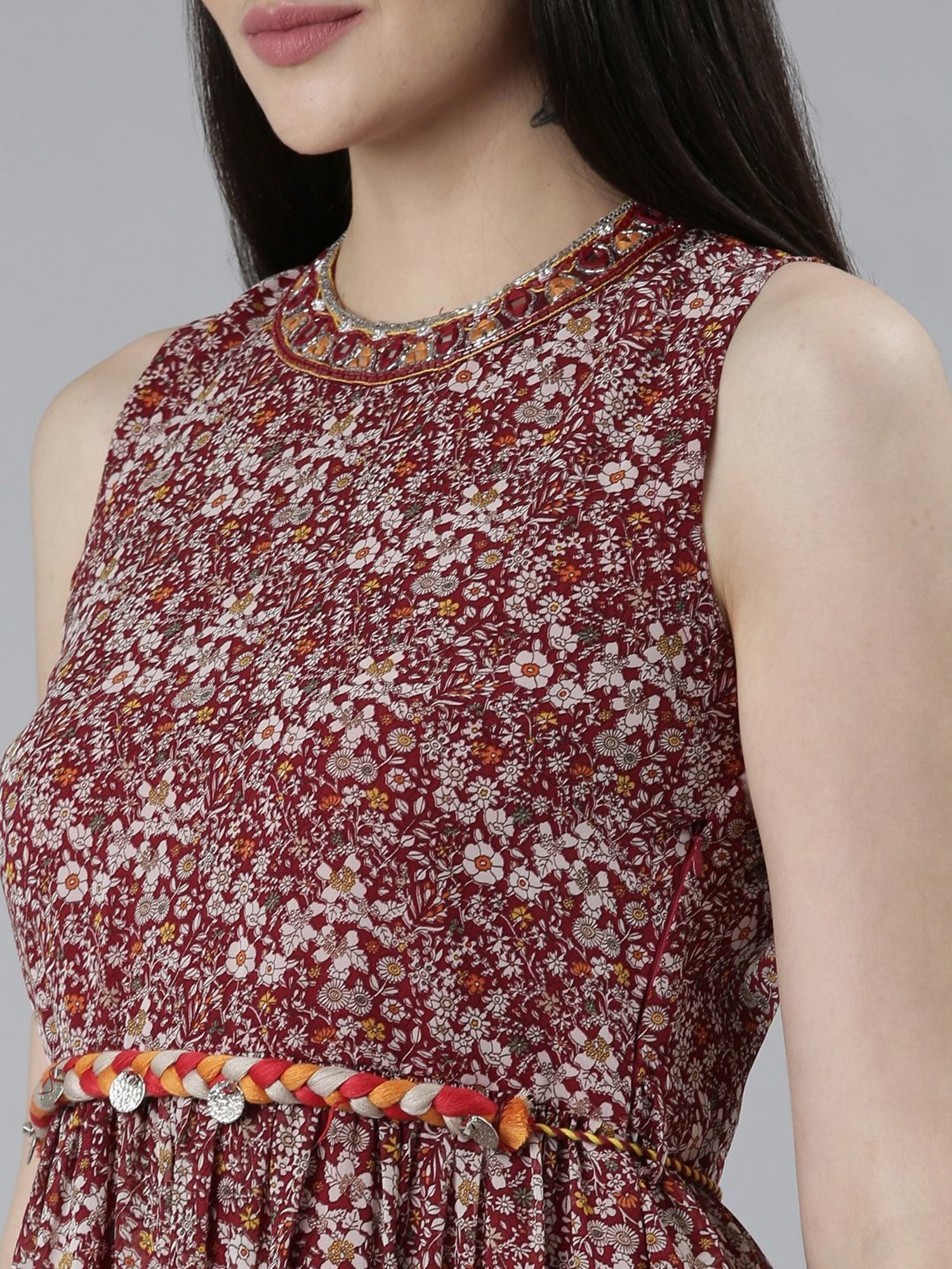 Neerus Maroon Floral Print Blouson Dress