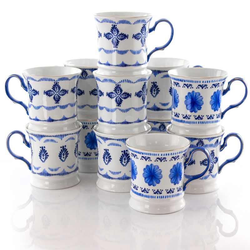 Meritage Navy 12 Piece 13.2 Ounce Fine Ceramic Cup Set in White with 4 Assorted Designs