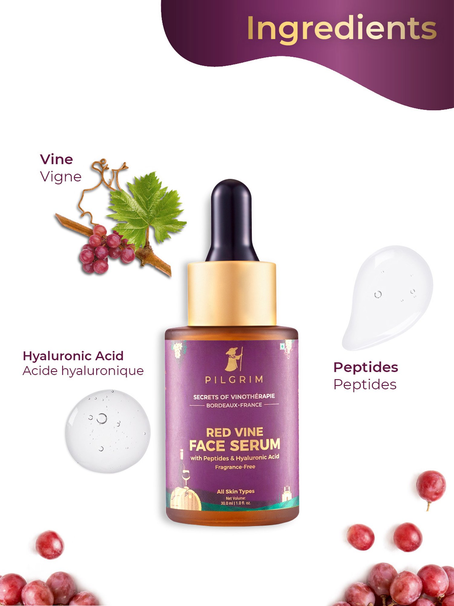 Pilgrim Red Vine & Hyaluronic Acid Serum with Peptides - 30 ml