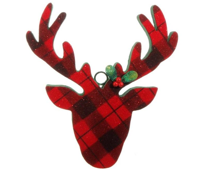 Raz Imports 10.5" Flocked Plaid Deer Head Christmas Ornament - Black/Red