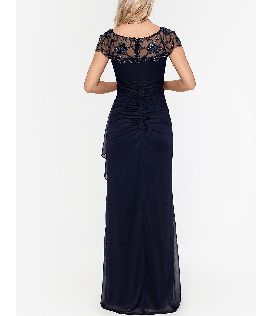 Xscape Beaded Cap Sleeve Illusion Neck Ruched Gown