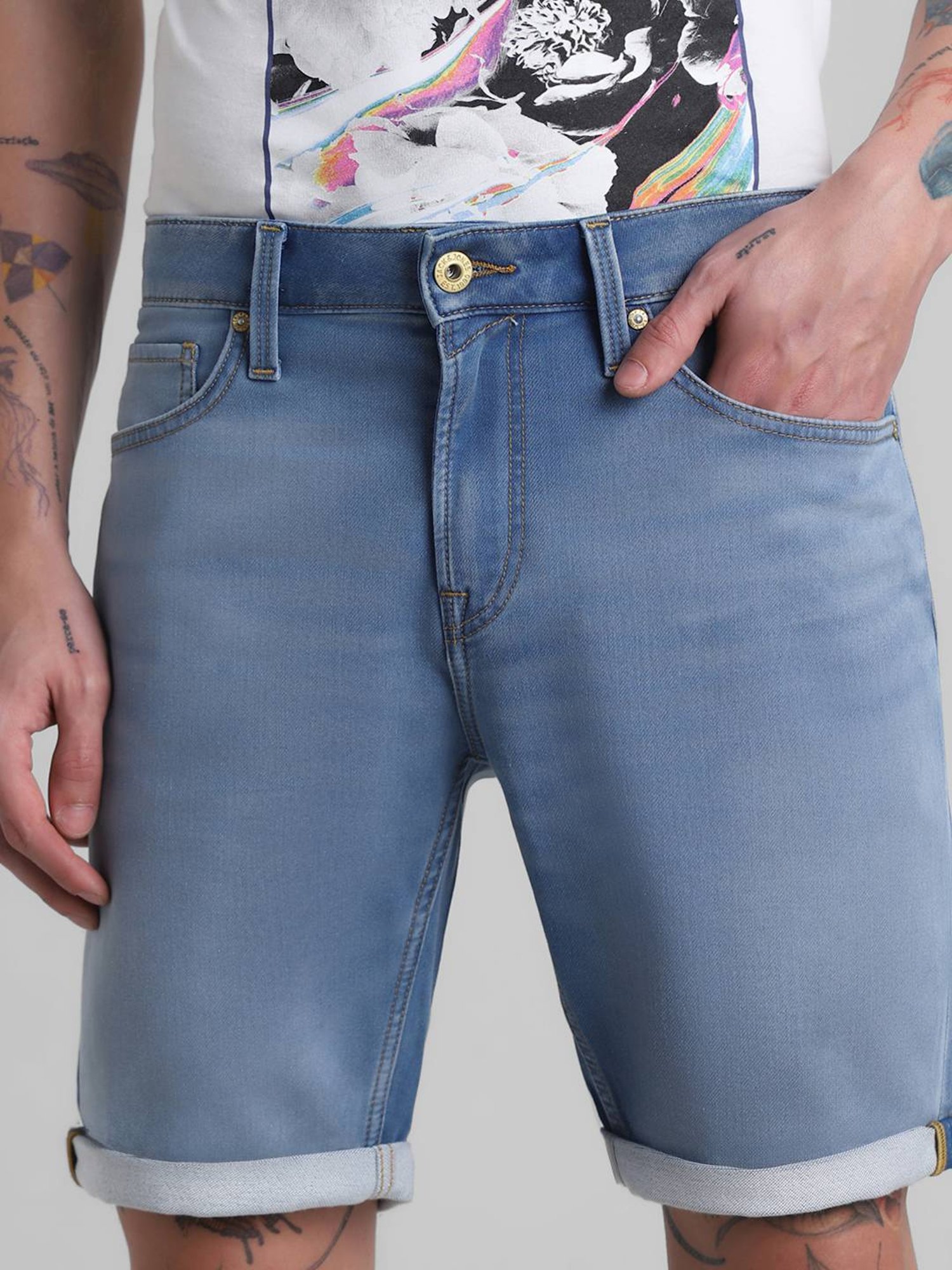 Jack & Jones Light Blue Denim Cotton Regular Fit Denim Shorts