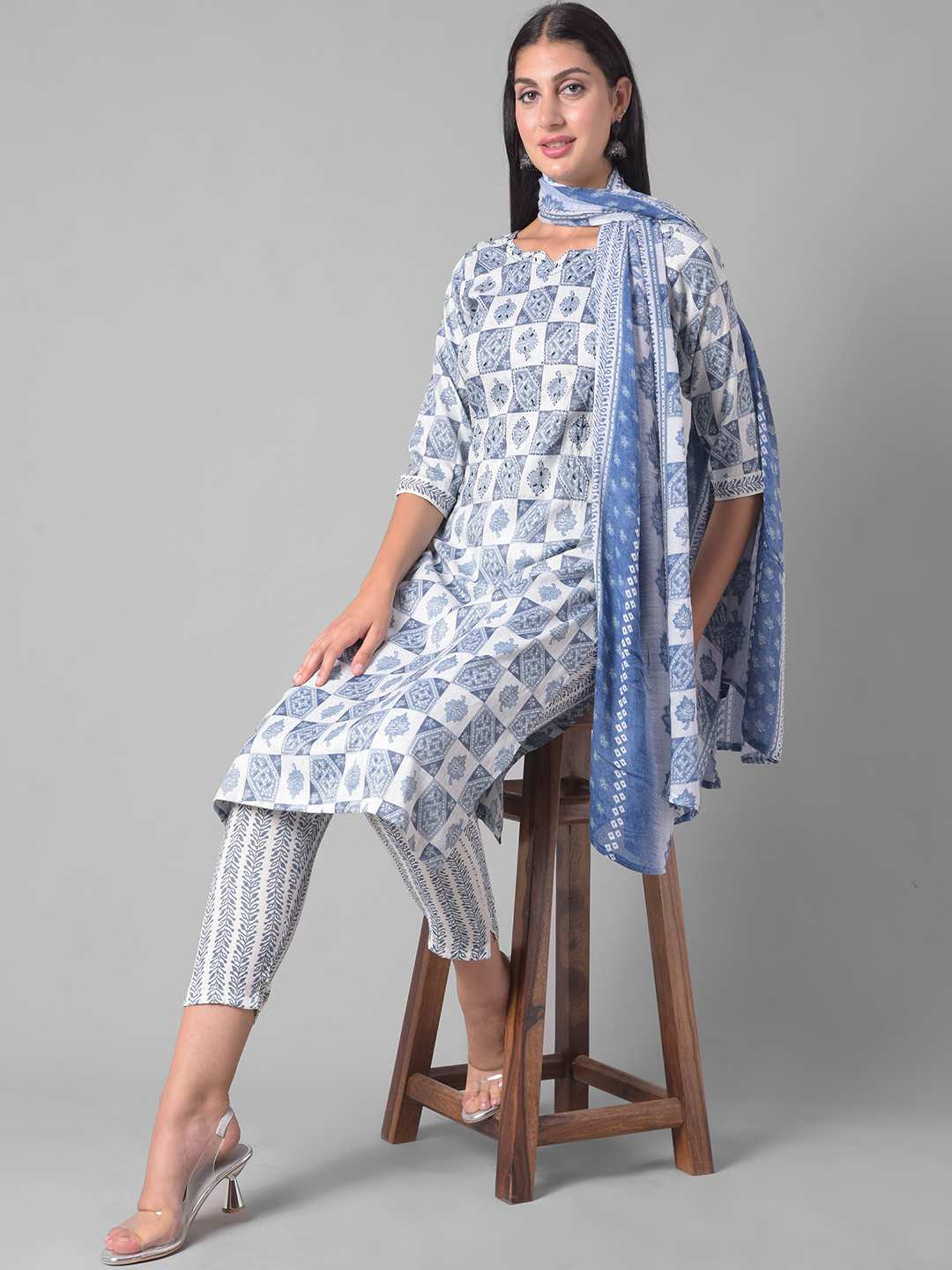 Dollar Missy Blue Printed Kurta With Pants & Dupatta
