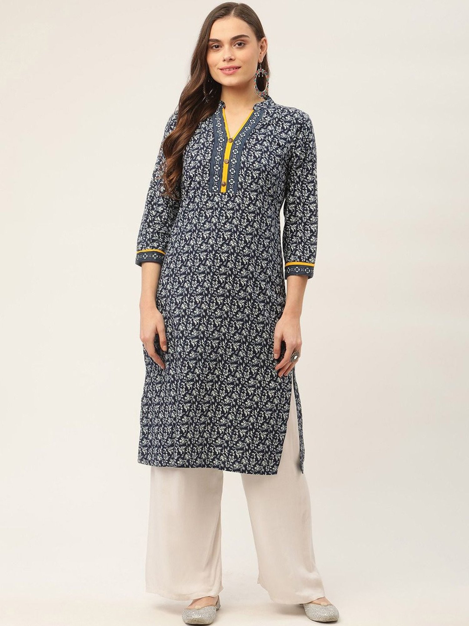Jompers Blue Pure Cotton Floral Print Straight Kurta