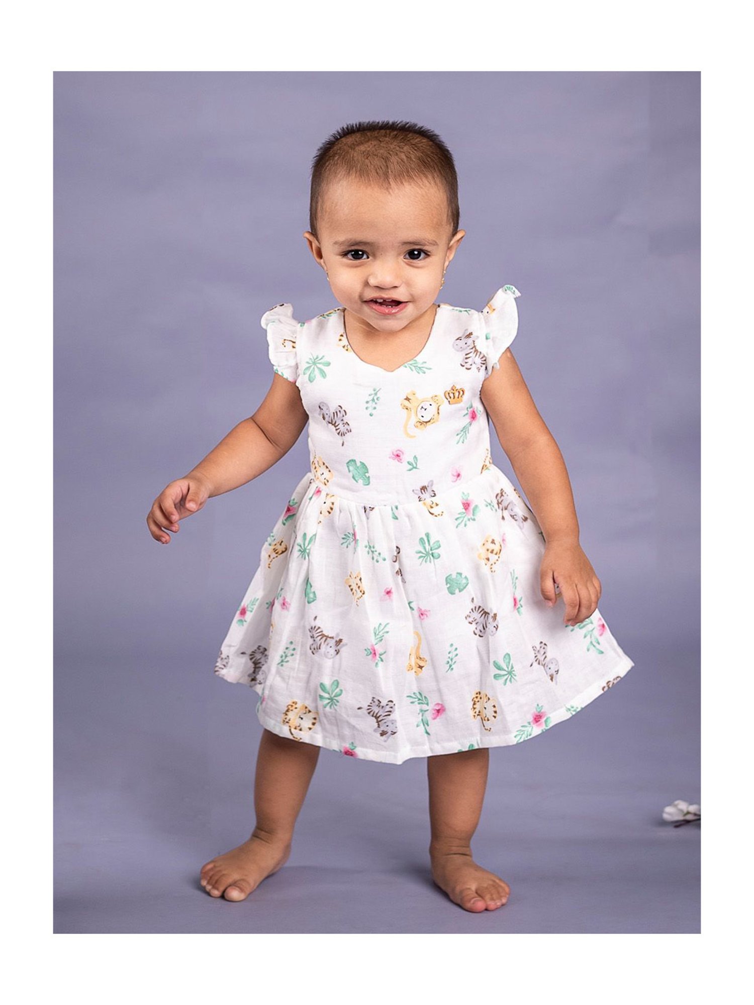 Baby Moo Kids White & Green Printed Dress