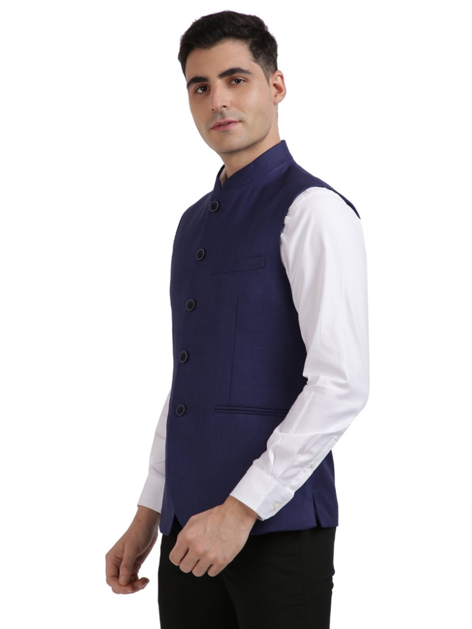 Colorplus Blue Tailored Fit Checks Nehru Jacket