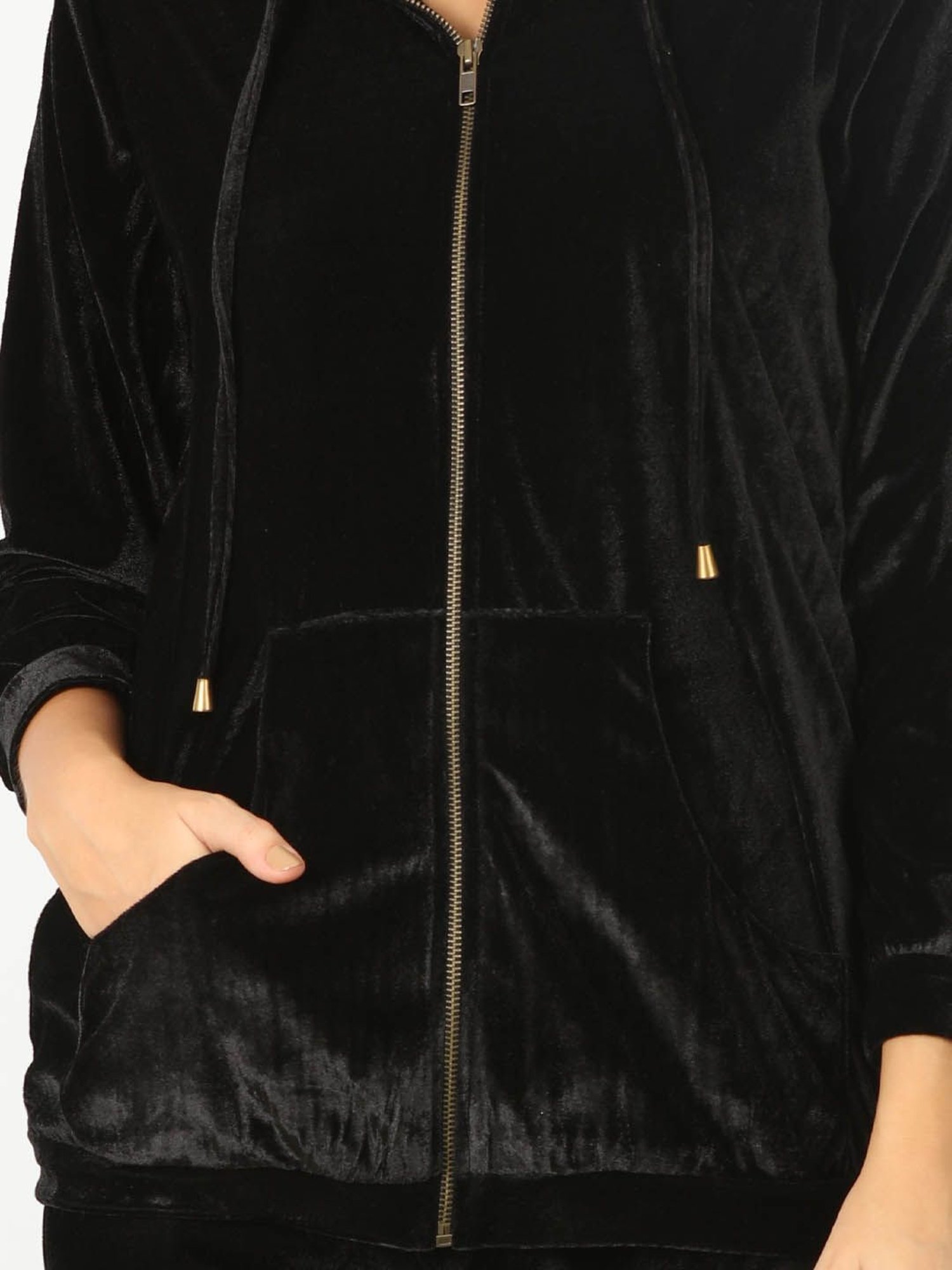 Mustard Black Velvet Regular Fit Hoodie