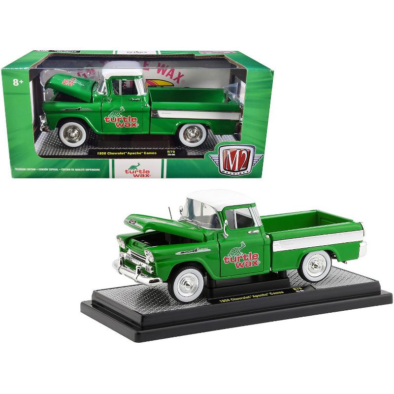 1958 Chevrolet Apache Cameo Pickup Truck Green with White Top and White Stripes "Turtle Wax" Ltd Ed to 6880 pcs 1/24 Diecast Model Car by M2 Machines