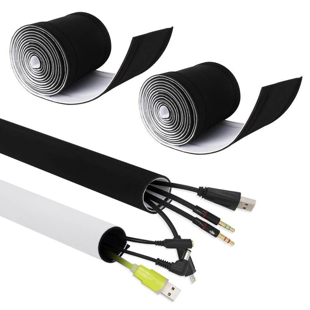 Kootek 236'' (2 X 118'') Cable Management Sleeves, Neoprene Cable Organizer Wrap Flexible Cord Cover Wire Hider Reversible Black & White, Cuttable by Yourself for TV Computer Office Theater