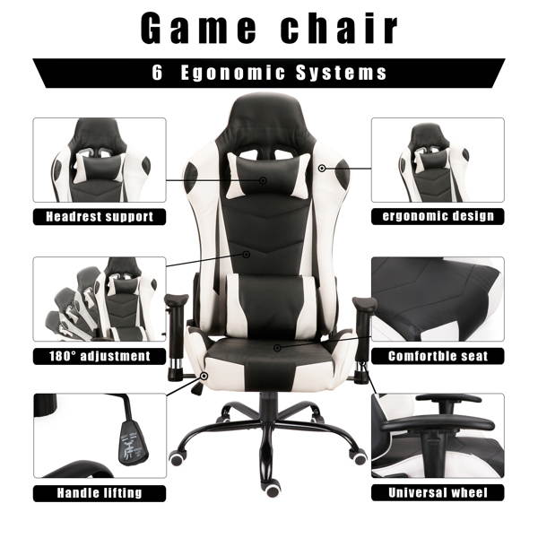 Gaming Chairs, Office Swivel Chairs, with Headrest and Lumbar Pillow, Black-White