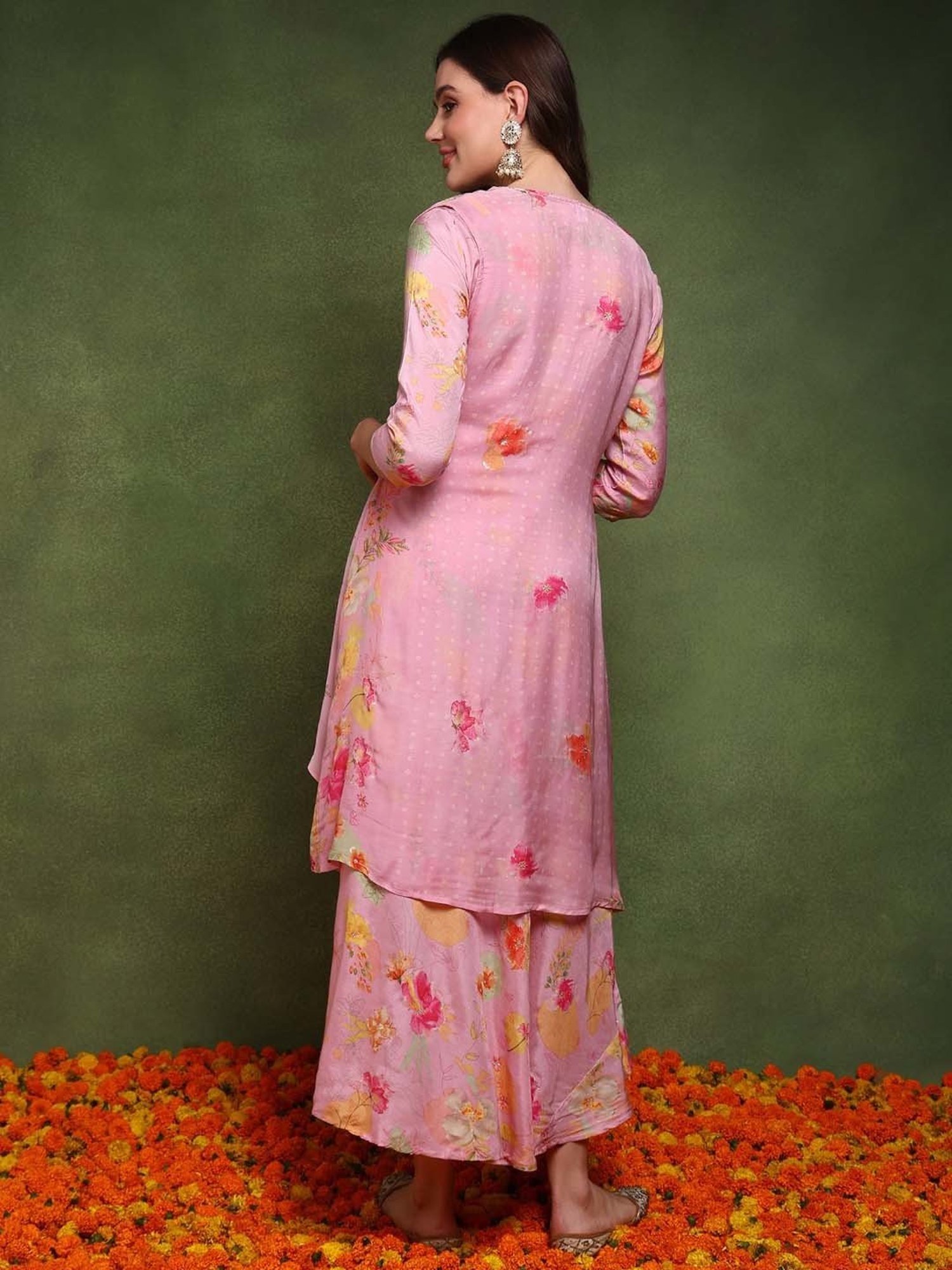 Vaamsi Pink Printed Maxi Dress With Shrug