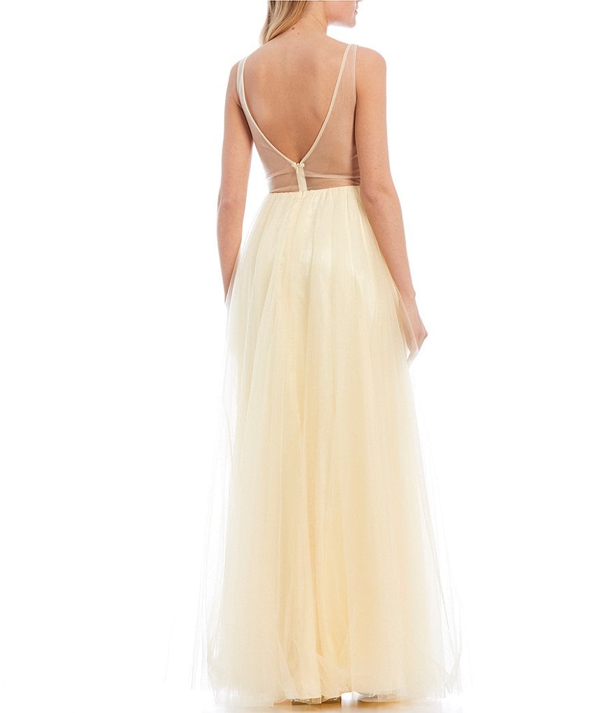 Blondie Nites Sleeveless V-Neck Side Slit Embroidered Mesh Tank Ball Gown