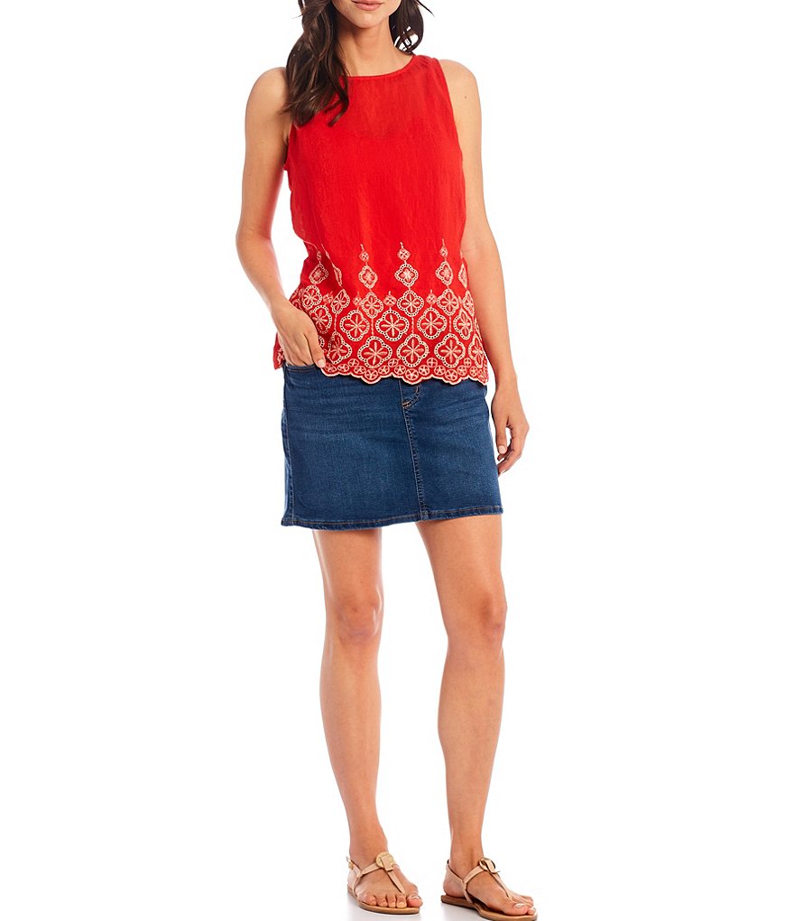 Figueroa & Flower Collin Jewel Neck Embroidered Hem Sleeveless Top