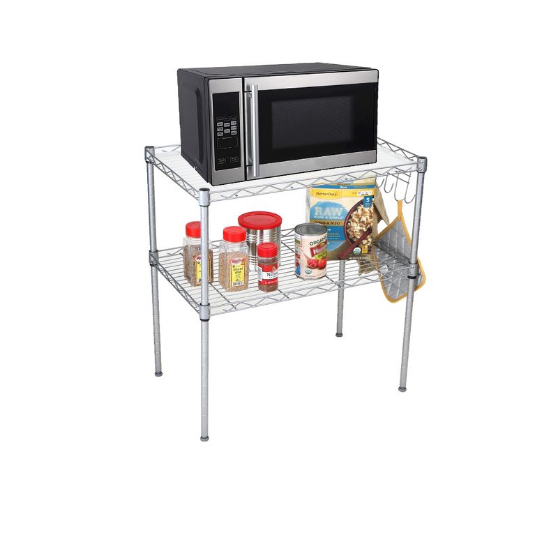 MIND READER 2-Tier Metal Rack Utility Shelf and Microwave Stand with Hooks on the Side (Silver)