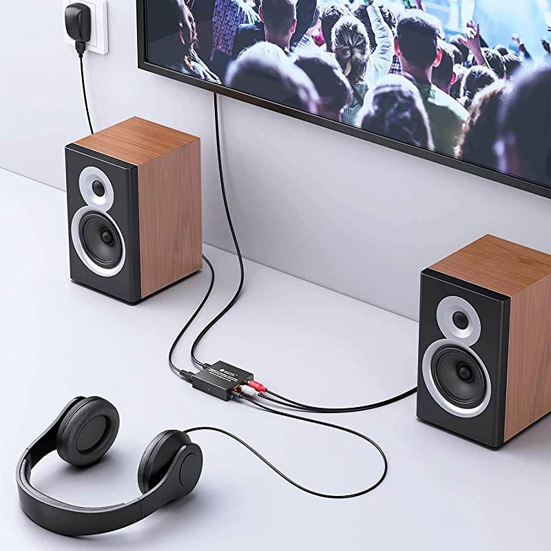 DAC Digital to Analog Audio Converter Digital Optical SPDIF Coaxial to Analog LR RCA Converter Toslink to 35mm Jack Audio Adapter with 1m Optical Cable for HDTV Blu Ray HD DVD Apple TV