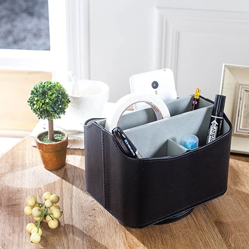 Colorful PU Leather 360 Degrees Rotatable Remote ControlController Organizer Spinning TV GuideMailMedia Desktop Organizer Caddy Holder Pure Black