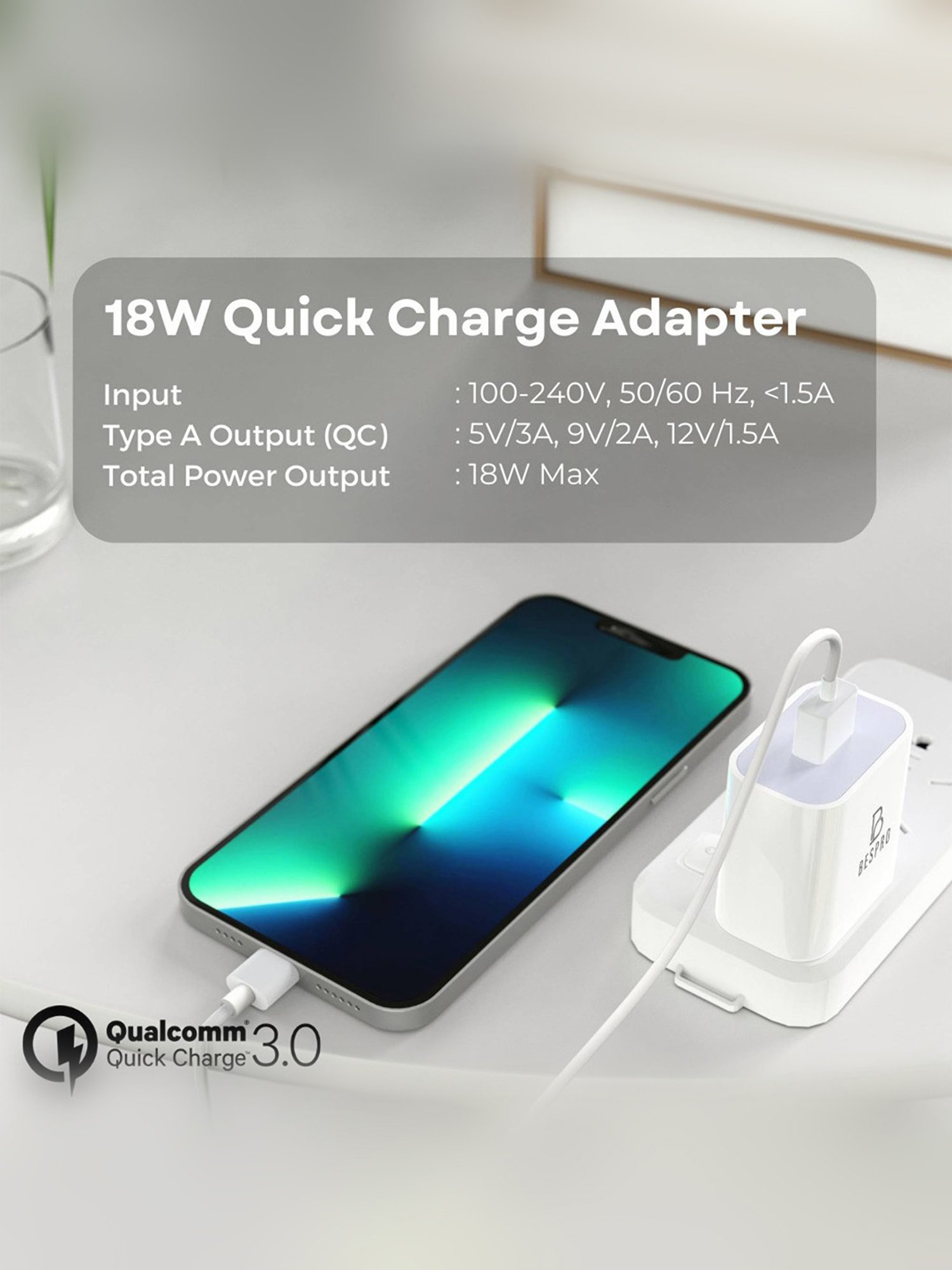 Bespro 18 W 2 A Mobile 18 W QC 3 Fast Charging Adapter - White