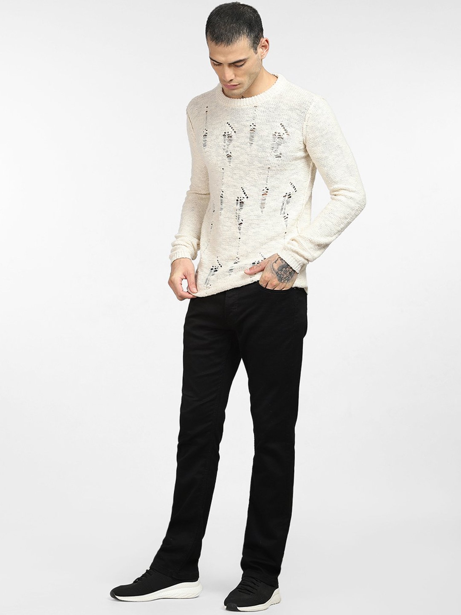 Jack & Jones Beige Cotton Regular Fit Self Pattern Sweater