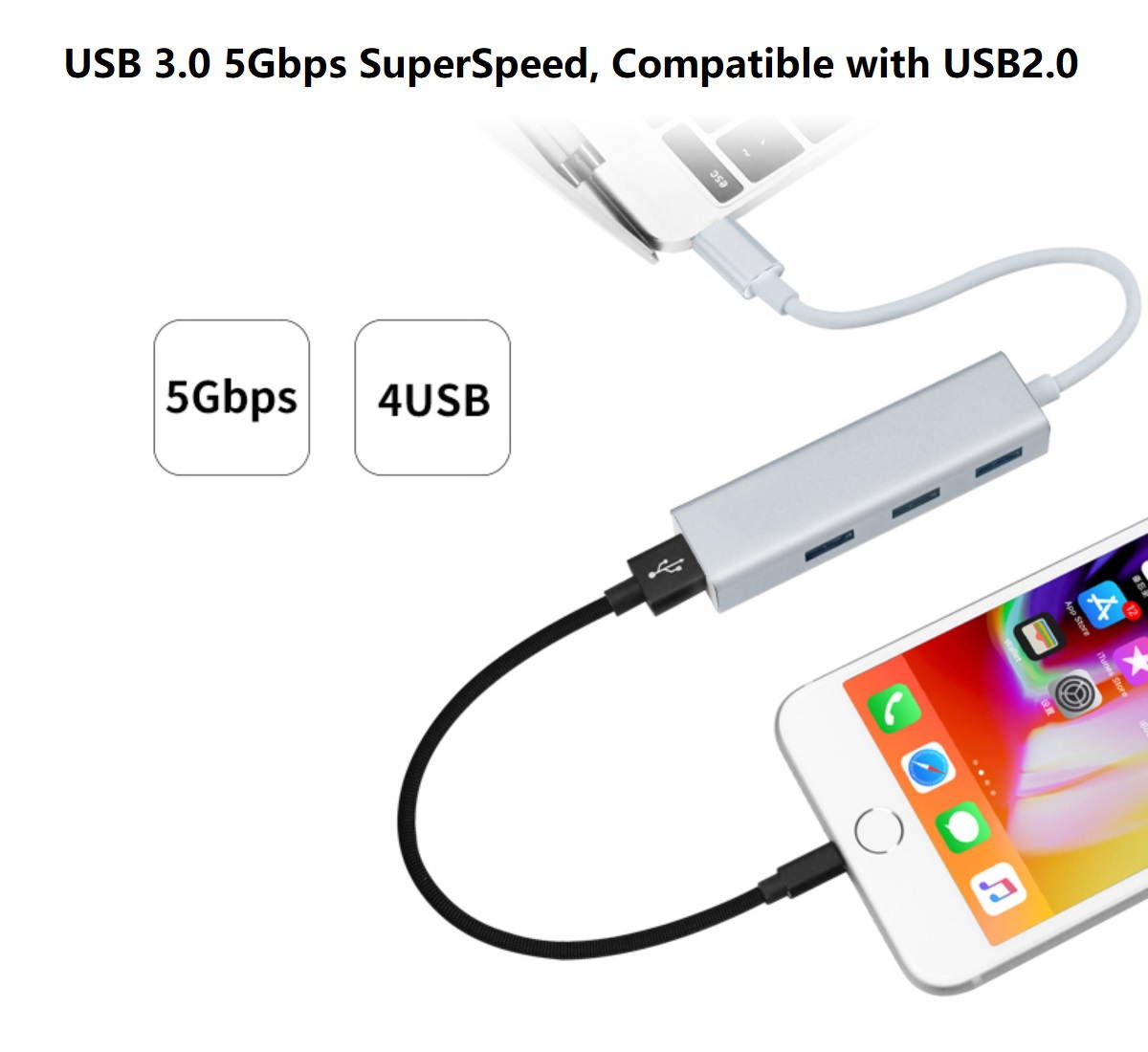 Type-C to 4 x USB3.0 HUB 5Gbps SuperSpeed Data Transmission, USB C Adapter with 4 USB 3.0 HUB. USB-C to 4 USB3.0 OTG HUB.