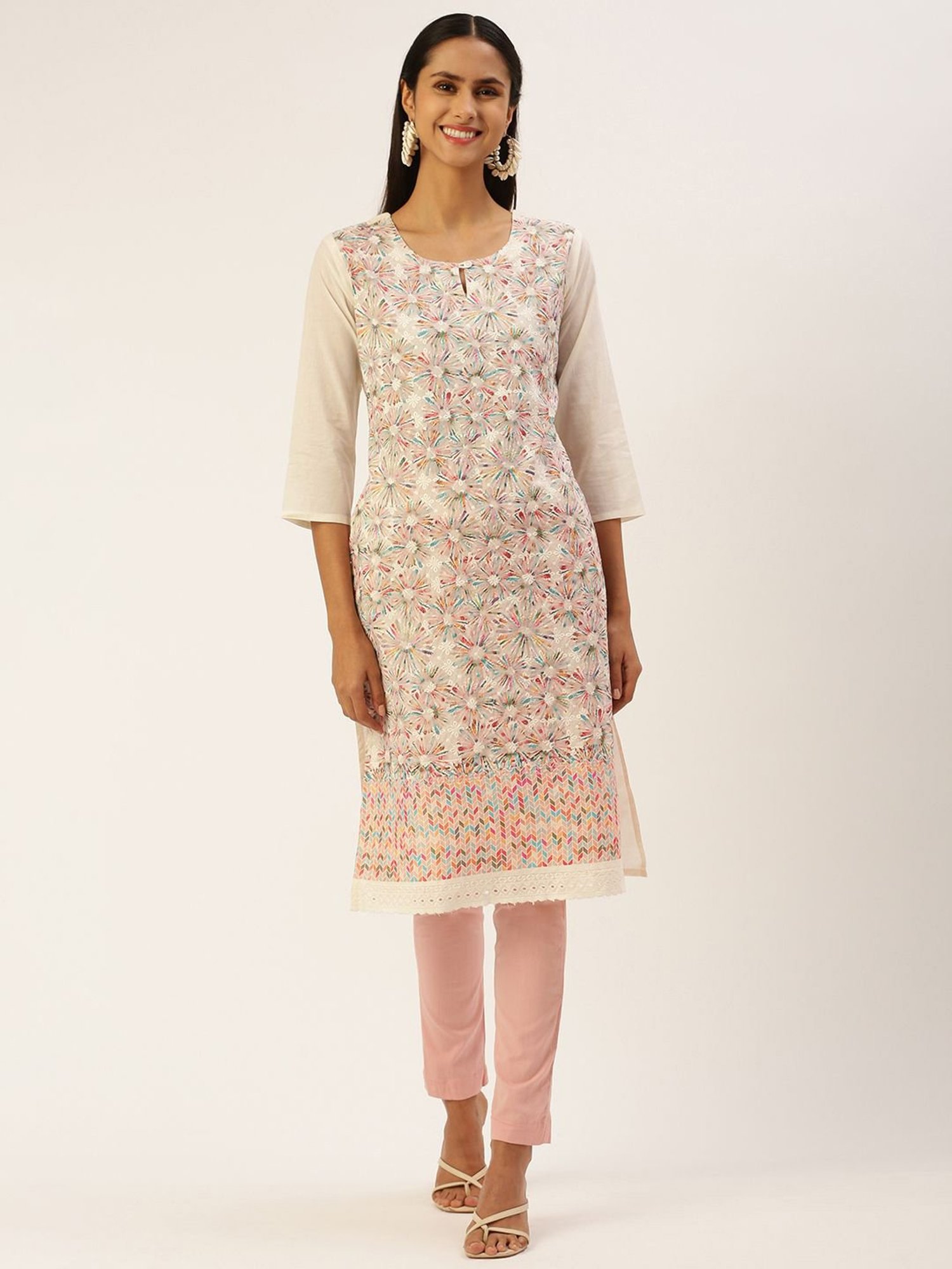 SHANVIKA Cream Embroidered Cotton Straight Kurta
