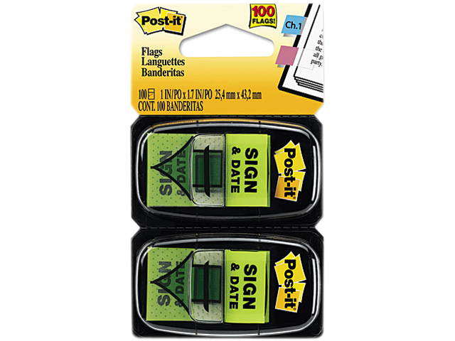 Post-it Flags 680-SD2 Arrow Message 1" Flags, "Sign and Date", Green, 2 50-Flag Dispensers/Pack
