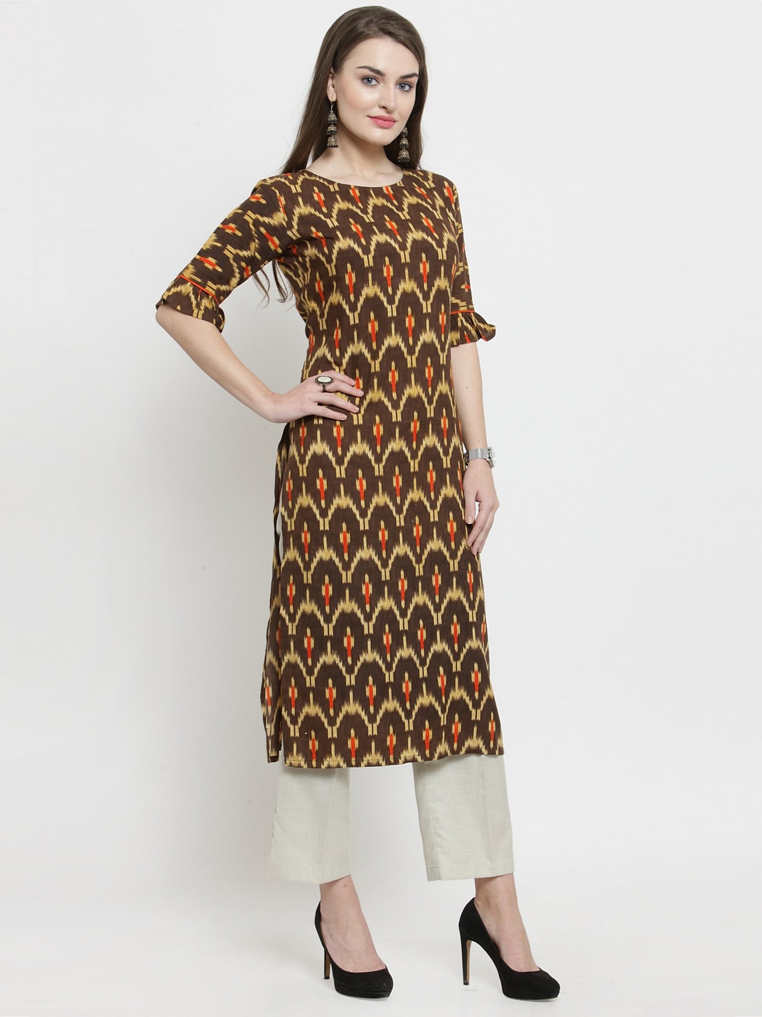 Indibelle Brown Printed Straight Kurta