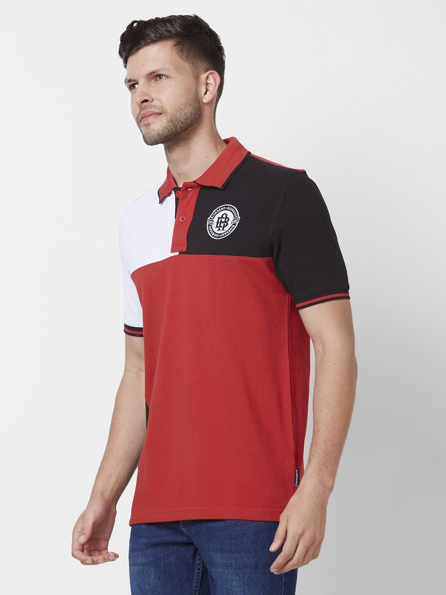 Giordano Red Cotton Slim Fit Colour Block Polo T-Shirt