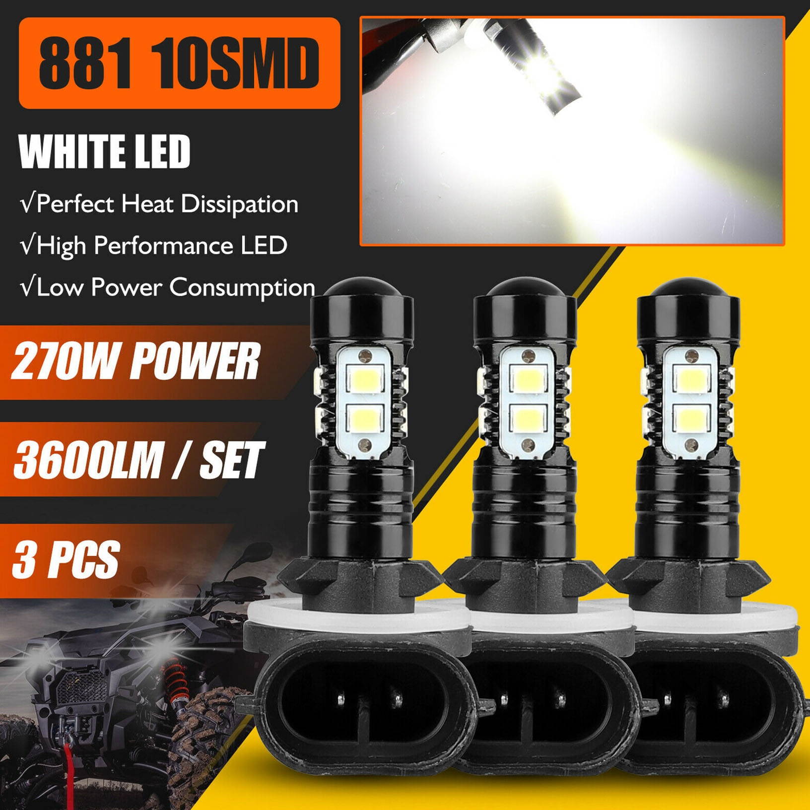 3x 270W 881 LED Headlight Bulbs For Polaris Sportsman 500 550 570 600 700 800 XP
