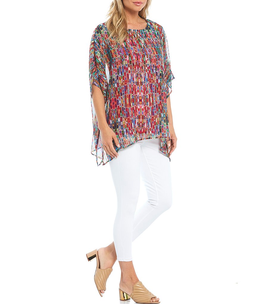 Ali Miles Abstract Print Chiffon Dolman Sleeve Poncho