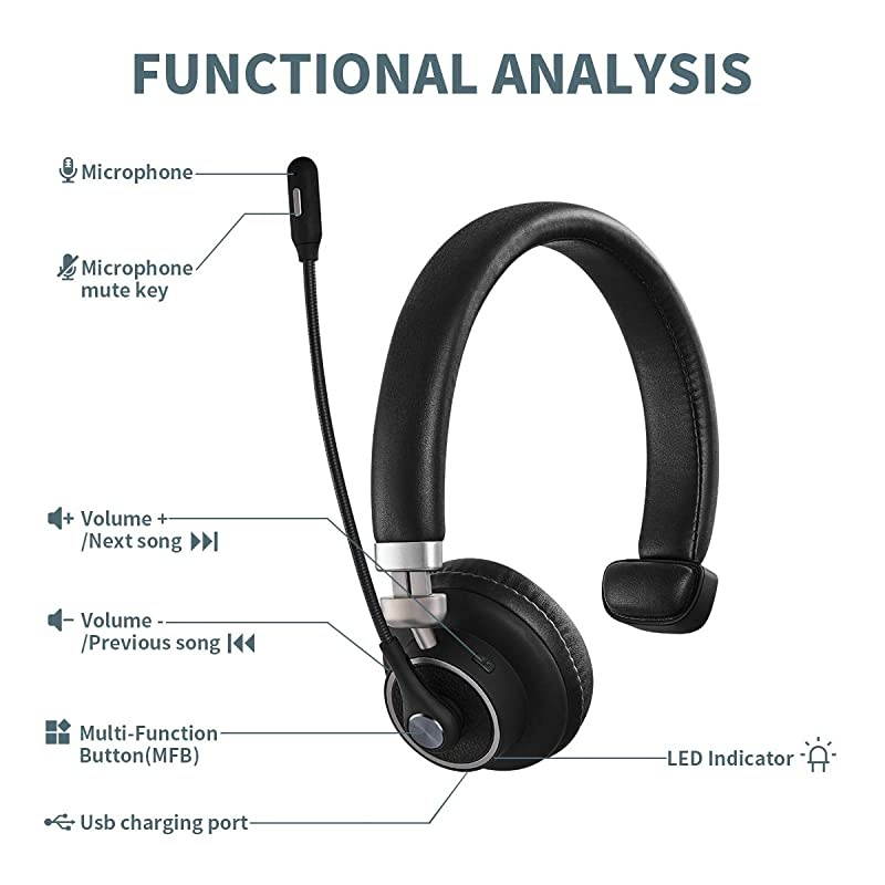 Bluetooth Headset,  Truker Bluetooth Headset with Microphone, Wireless Headset 5.0 with Mute Button, 24 Hours Working Time, for Cell Phone and Laptop on Business Office. (BH-M91)