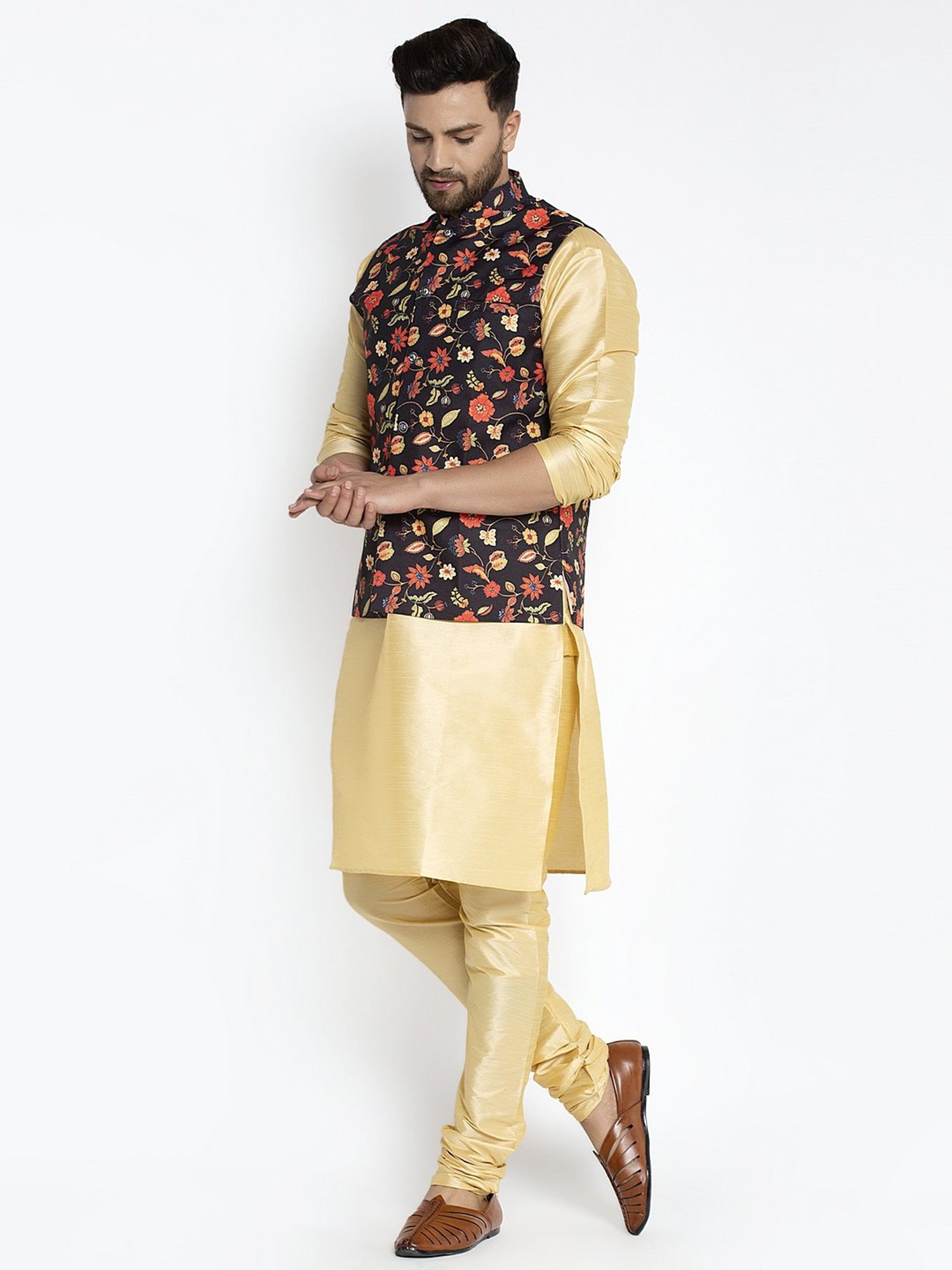 Benstoke Gold & Black Regular Fit Floral Print Kurta Set With Jacket