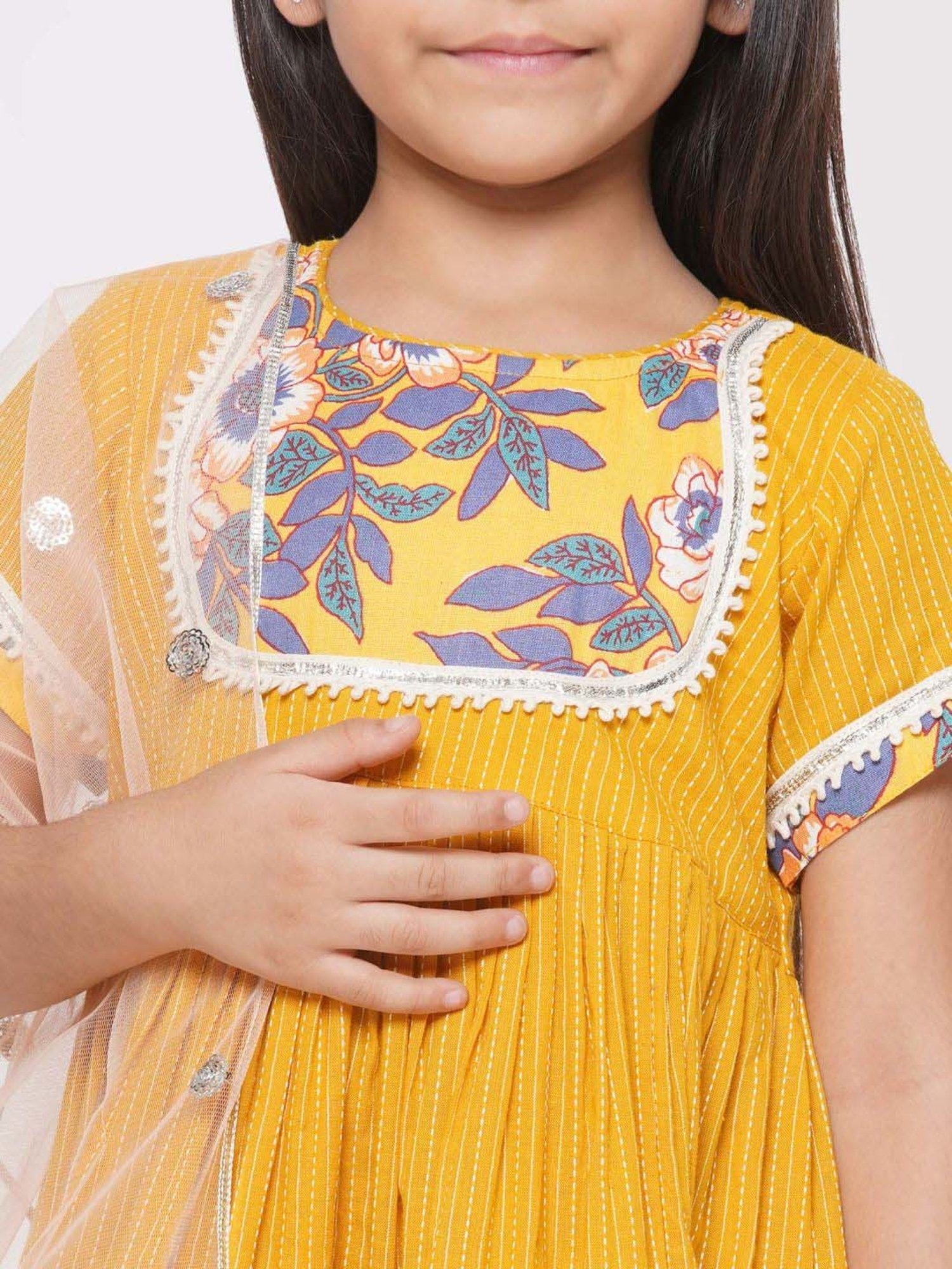 Little Bansi Kids Yellow & Blue Cotton Floral Print Kurta Set